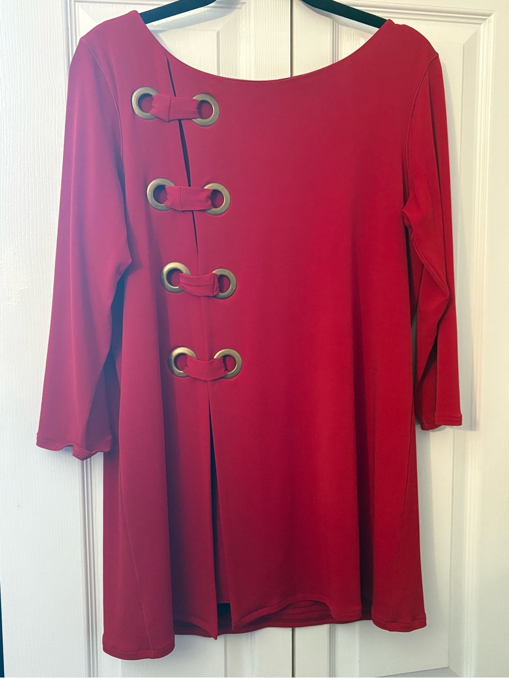 eva varro Red Midi Shift Dress with Brass Grommet Detail